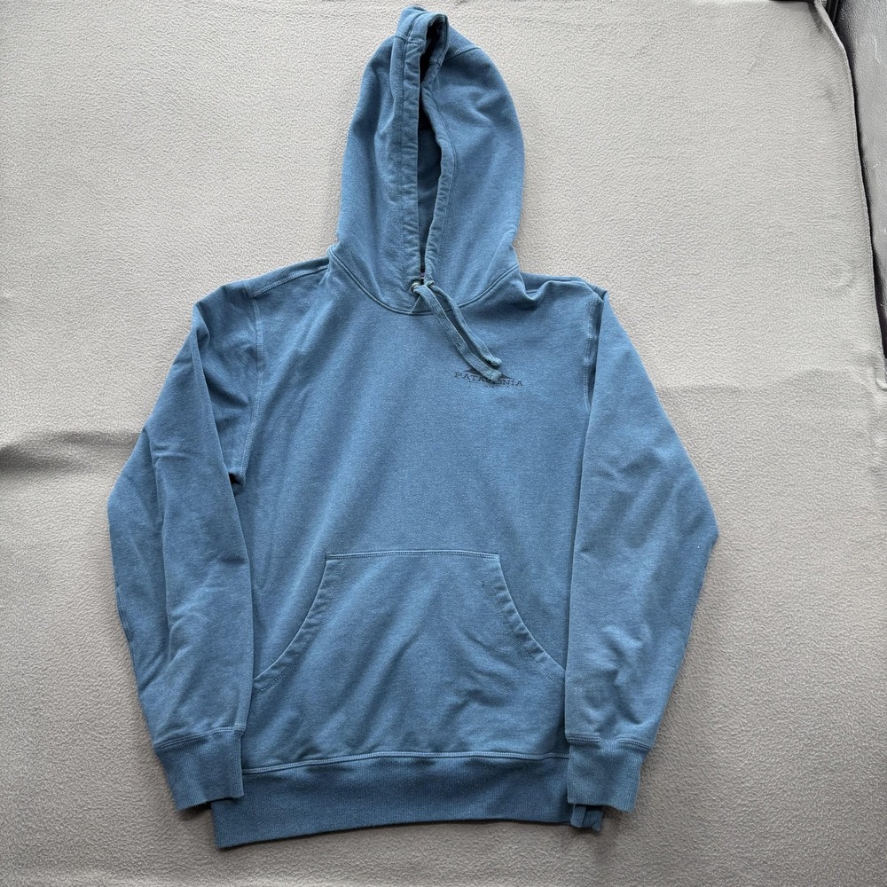 Patagonia Hoodie Mens Small Blue Organic Cotton Graphic‎ Fleece Kangaroo Pocket